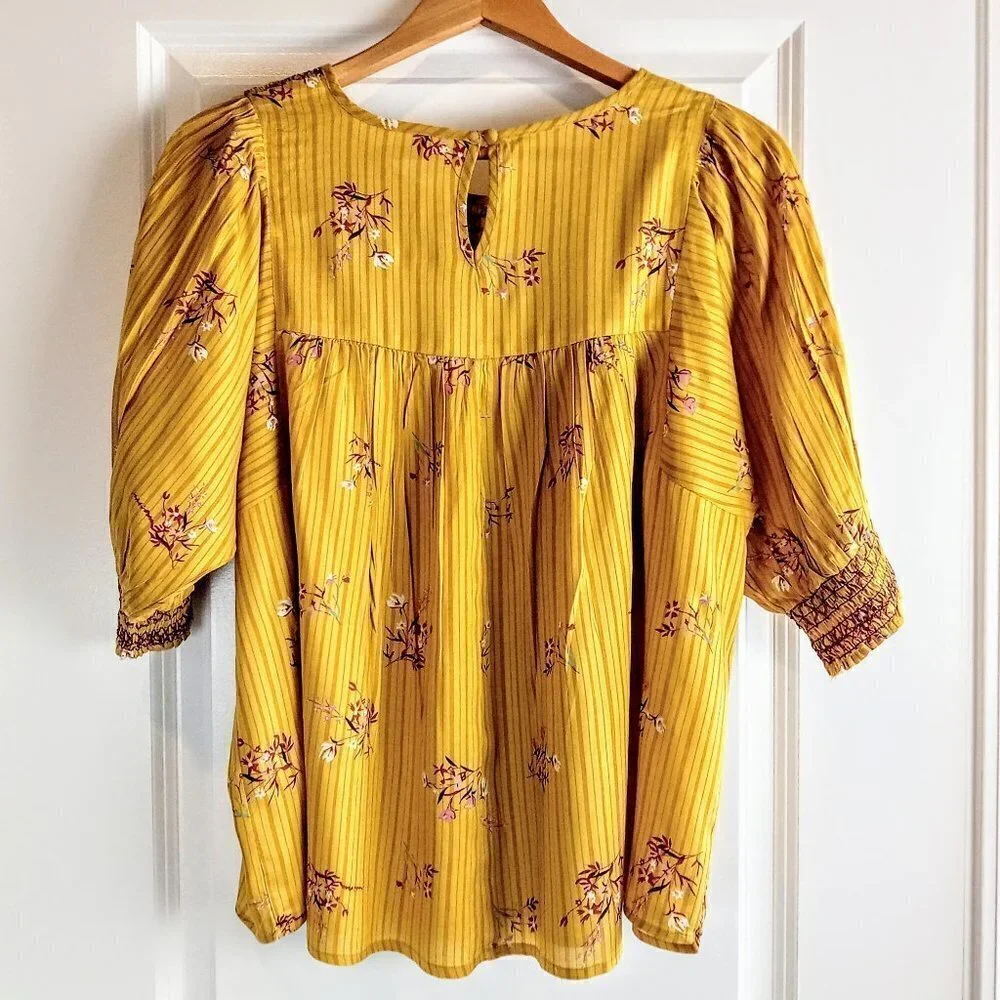 Acos&A Mustard Smocked Floral Tunic Top - Picture 2 of 5